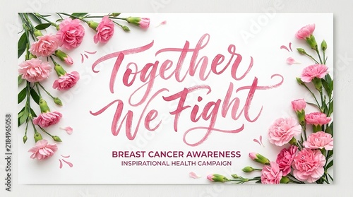 Together we fight breast cancer awareness message with pink carnation floral borders