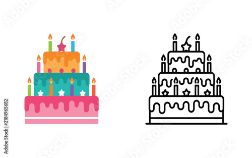 Tiered birthday cake with lit candles colorful vector illustration