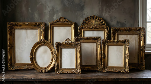 Collection of ornate vintage gold picture frames on a rustic wooden table against grey wall