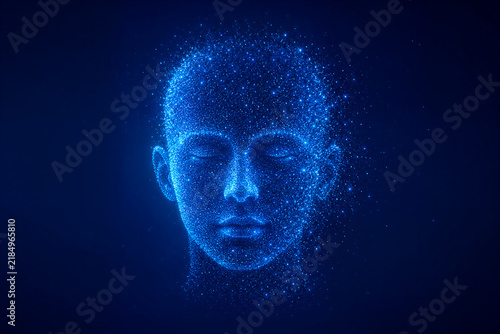 Blue digital human head made of particles