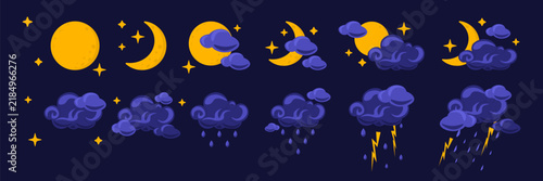 Set of night sky weather clip arts featuring full moon, crescent moon, stars, clouds, rain, and lightning bolts on a dark navy background. Ideal for weather forecasting and educational materials.