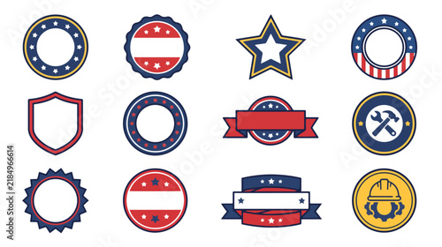 Patriotic American badges and labor day industrial labels set in red white and blue with stars stripes and tool icons