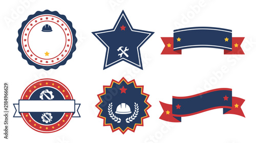 Set of six stylized emblems and banners with tools and laurel wreath symbols for construction and labor themes, including circular and star shapes, ideal for industrial and professional use