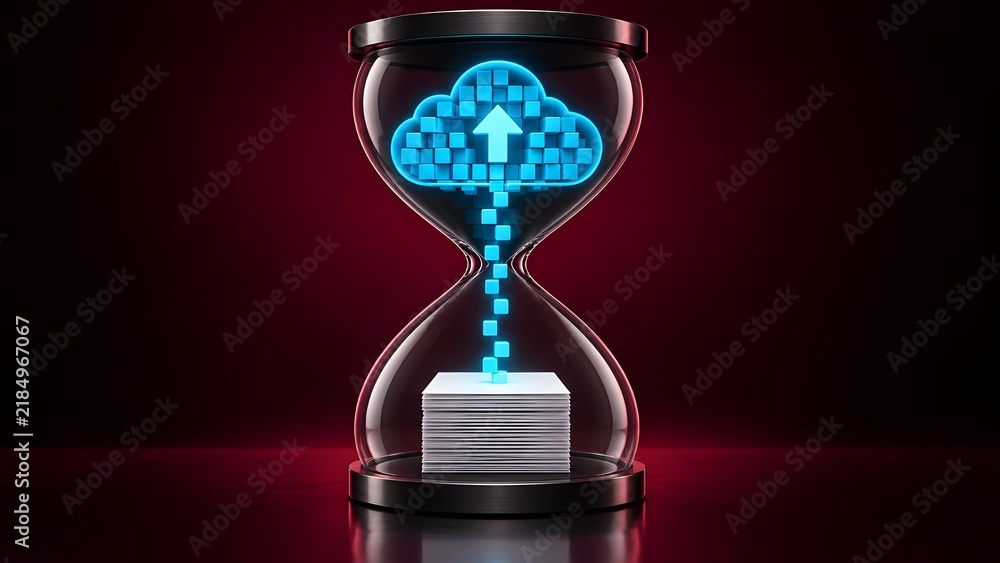 Fototapeta premium Hourglass containing paper documents converting into glowing blue digital blocks and flowing upwards into a cloud, representing digital transition over time.