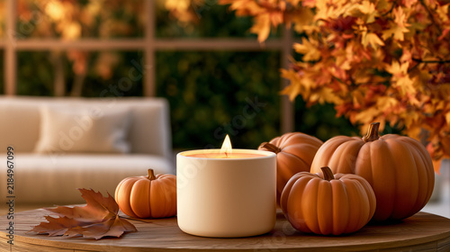 Cozy autumn scene with pumpkin spice candle and decorative pumpkins  