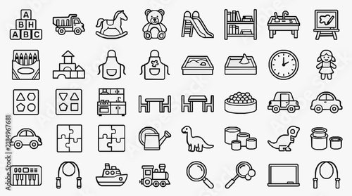 Whimsical collection of children s learning and play icons for educational materials
