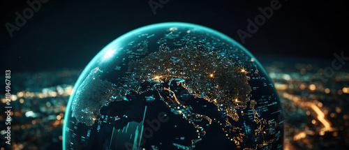 Digital Earth Globe with Glowing Data Network and Financial Analytics