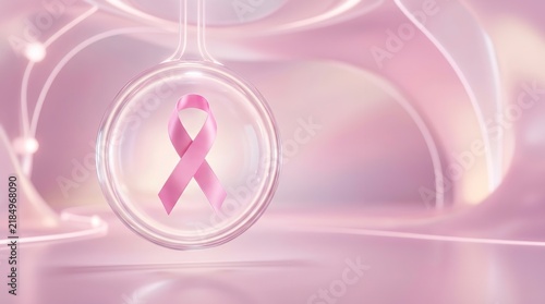 Pink awareness ribbon symbol representing breast cancer support in a glowing abstract