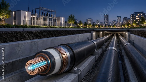 Underground high voltage power transmission cable cross section supplying electricity to modern city at night