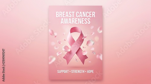 Breast cancer awareness card featuring a pink ribbon surrounded by floating flower petals