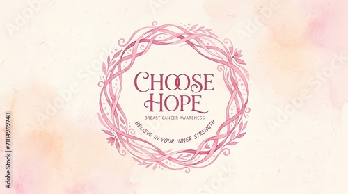 Breast cancer awareness concept with pink ribbon inside a decorative floral wreath
