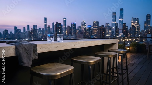 Empty urban rooftop bar terrace counter with barstools at twilight overlooking an illuminated modern city skyline at dusk