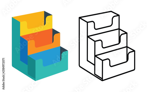 Stacked desk organizers feature colorful layers and a linear outline version