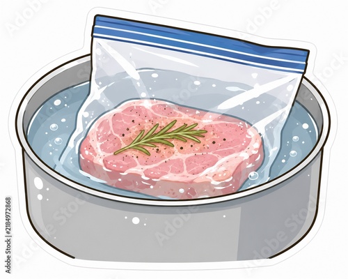 Obraz na płótnie 真空パックされた肉が鍋の水に浸された低温調理の準備のイラスト