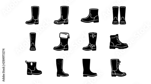 Rubber Rain Boots Icon Collection, Black White Editable Vector Set