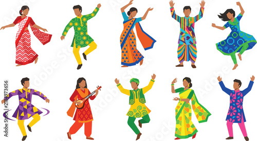 Diverse group of people in traditional indian clothing perform folk dances with vibrant patterns and joyous expressions