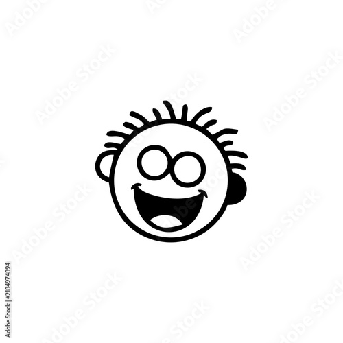 Minimalist black and white icon of a laughing face inside a speech bubble.