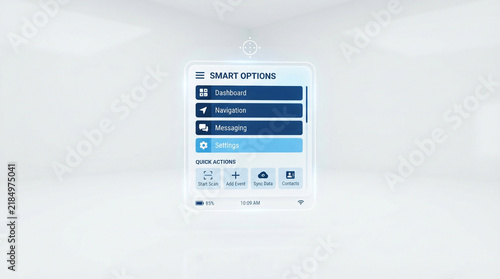 Digital interface showing smart options menu with selectable features and icons.