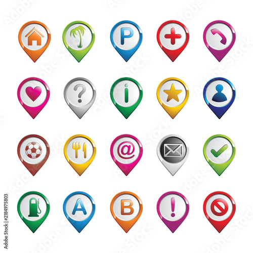 Set of colorful location map pointer icons with various navigation and information symbols location icon map pin gps marker vector icon interface element web button geo tag