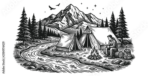 Man camping by river in mountains with tent and fire sketch