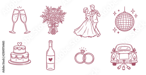 Wedding celebration elements collection including rings bouquet and champagne