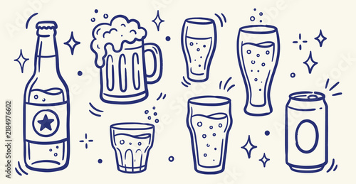Blue ink doodle style beer collection with bottles cans and various glasses