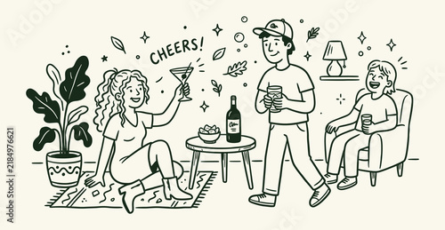 Friends celebrating and making a toast with drinks in a cozy home setting