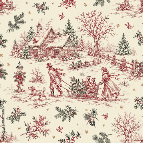 Vintage Christmas Countryside Toile de Jouy Seamless Pattern with Family, Cottage and Winter Holiday Scene. Vintage Christmas seamless pattern featuring a charming winter countryside scene with a fami