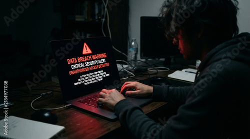 Cybersecurity professional monitors a security alert warning on a computer screen in a dimly lit workspace.