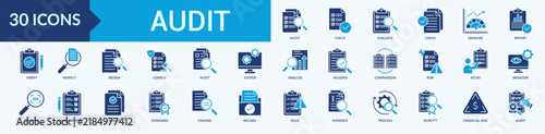 Audit Icon Set Flat Blue Style Illustration Vector
Contains audit, check, evaluate, measure, report, verify, inspect, review, comply, system, analyze