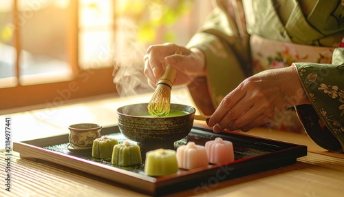 着物の女性が茶筅で抹茶を点てる和菓子と茶道の風景