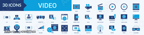 Video Icon Set Flat Blue Style Illustration Vector
Contains video, camera, movie, play, pause, production, live, cinema, video lesson, projector, media, online video, mobile video, mute, video editing