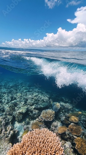 Split view of vibrant coral reef underwater and breaking ocean wave above in crystal clear tropical waters, with white puffy clouds dotting the bright blue sky horizon.