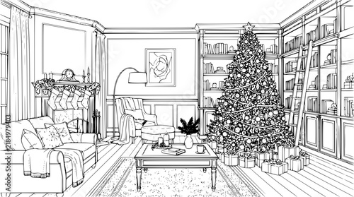 Cozy Christmas Home Library Living Room with Tree, Hand Drawn Vector Illustration