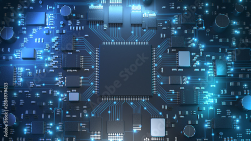 青く光る回路基板と半導体チップ