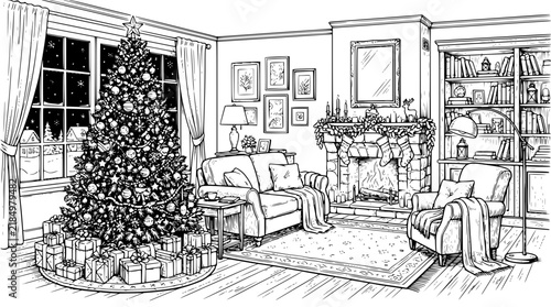 Christmas Living Room Interior with Christmas Tree and Library, Editable Vector Illustration