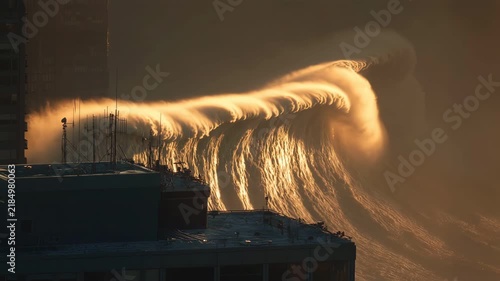 Giant golden tsunami wave curling behind city rooftops at sunset view