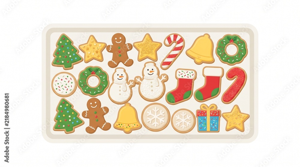 Fototapeta premium Assortment of festive Christmas cookies arranged on a tray including gingerbread men snowmen candy canes and trees