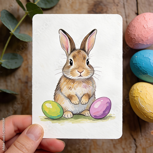 Cute bunny illustration with Easter eggs on a wooden background
