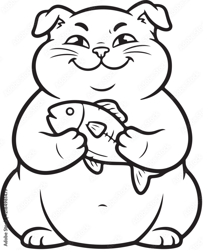 Fototapeta premium Line art cat holding fish coloring page design, black and white cartoon feline illustration, outline art for children