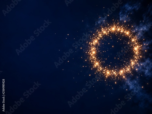 Circular firework explosion forming a glowing ring of golden sparks and light trails against a dark blue night sky with soft clouds