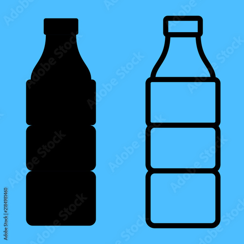 Flat vector illustration of plastic water bottle silhouette and outline icon set. Minimalist beverage container template for eco friendly recycling campaign, health hydration, and mobile app UI.