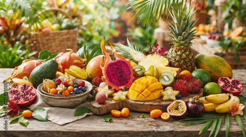 Assorted tropical fruits arranged on rustic wooden table with woven baskets and natural textures.