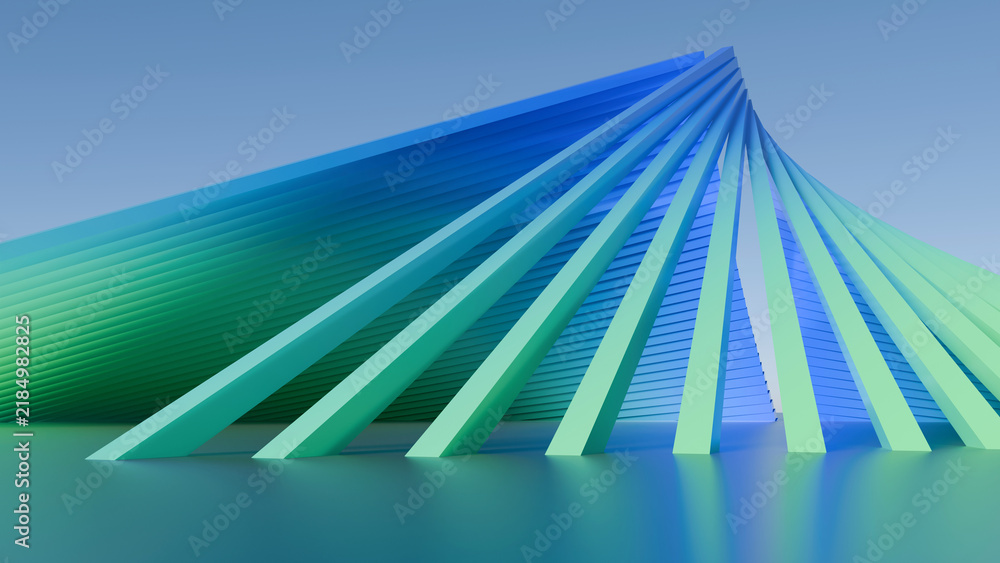 Obraz premium Abstract blue green 3D architectural pavilion structure background. Perfect for modern architecture covers, corporate tech presentation slides, web headers, UI wallpapers, and brochure templates