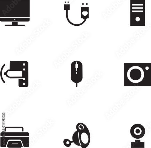 Minimalist Computer Hardware Vector Icons Set Featuring Monitor Desktop Tower Cable Mouse and Printer