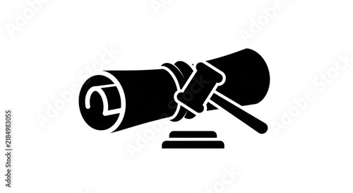 Black silhouette icon of a legal gavel and a rolled diploma or certificate document.