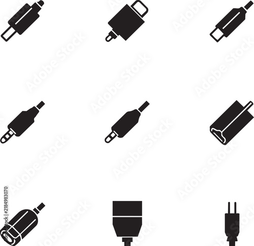 Minimalist Cable Connector Vector Icons Set Featuring USB Audio Jack Plug and Power Adapters