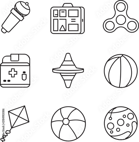 Minimalist Toy Vector Icons Line Art Set Featuring Fidget Spinner Ball Kite and Game Console