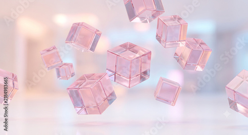 Pink Transparent Cube Background with Floating Glass Squares Futuristic 3D Abstract Wallpaper
