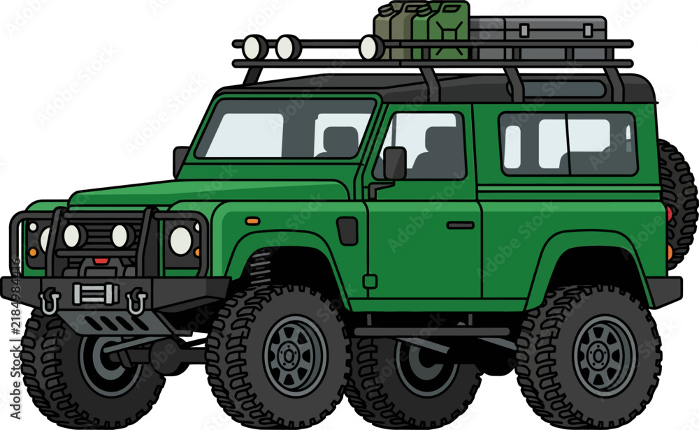 Obraz premium Green expedition off-road SUV illustration features a rooftop cargo rack and heavy-duty mud tires.